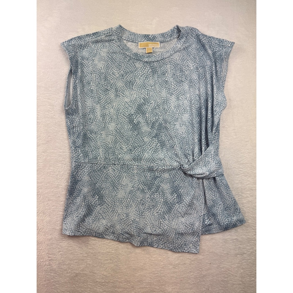 Michael Michael Kors Blue White Leaf Print Side Tie Asymmetrical Top Womens P/XL